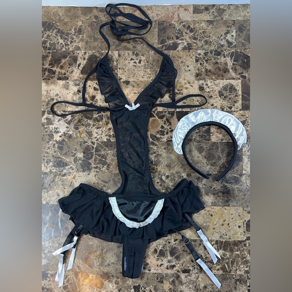 Yandy Black Crotchless Maid Body Suit Size One-size With Head Band